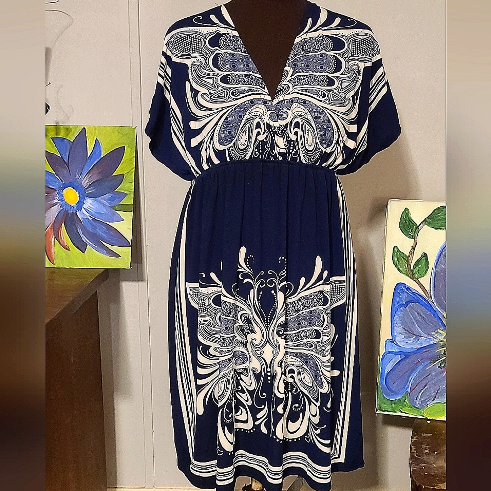 Blue and white print dress